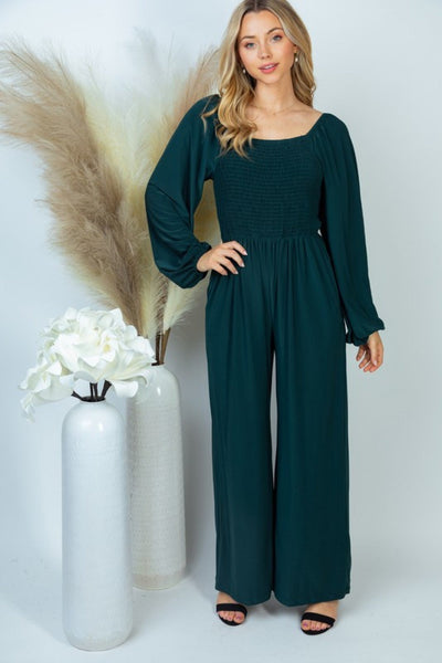 White Birch Smocked Long Sleeve Gathered Wide-Leg Solid Knit Jumpsuit