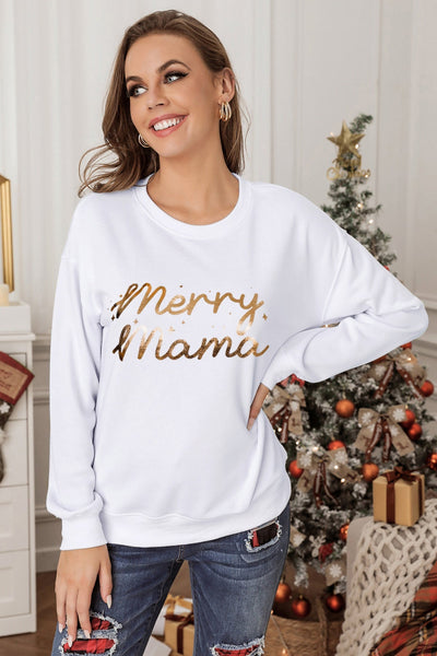 White Merry Mama Glitter Pattern Print Pullover Sweatshirt