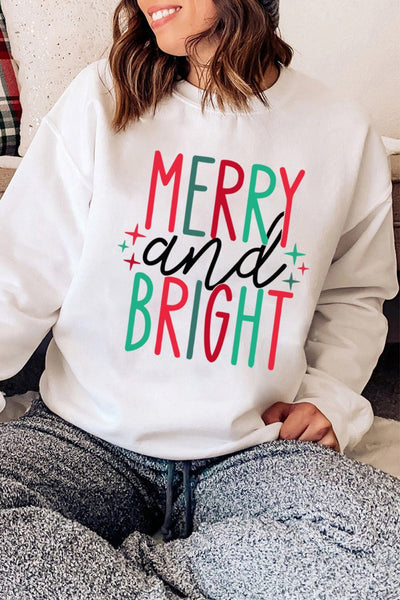 White MERRY And BRIGHT Long Sleeve Graphic Sweatshirt