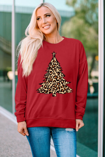 Red Leopard Christmas Tree Graphic Print Crew Neck Sweatshirt