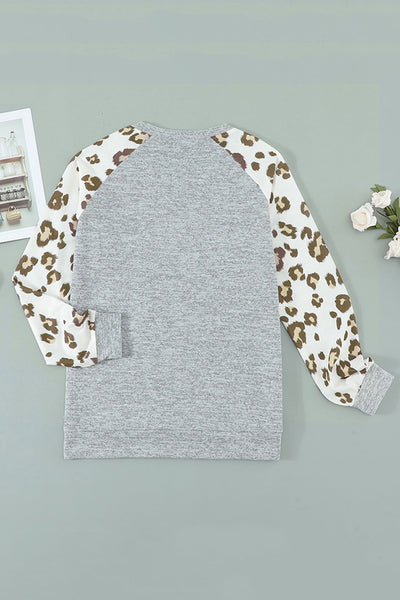 Gray Christmas In Transit Contrast Leopard Sleeve Top