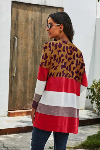 Leopard Color Block Pocketed Long Cardigan