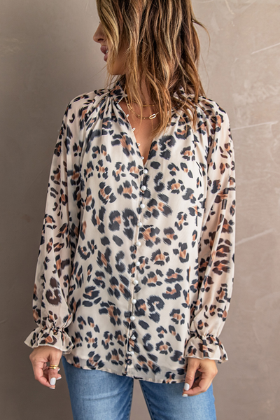 Leopard Print V Neck Lantern Sleeve Buttons Shirt
