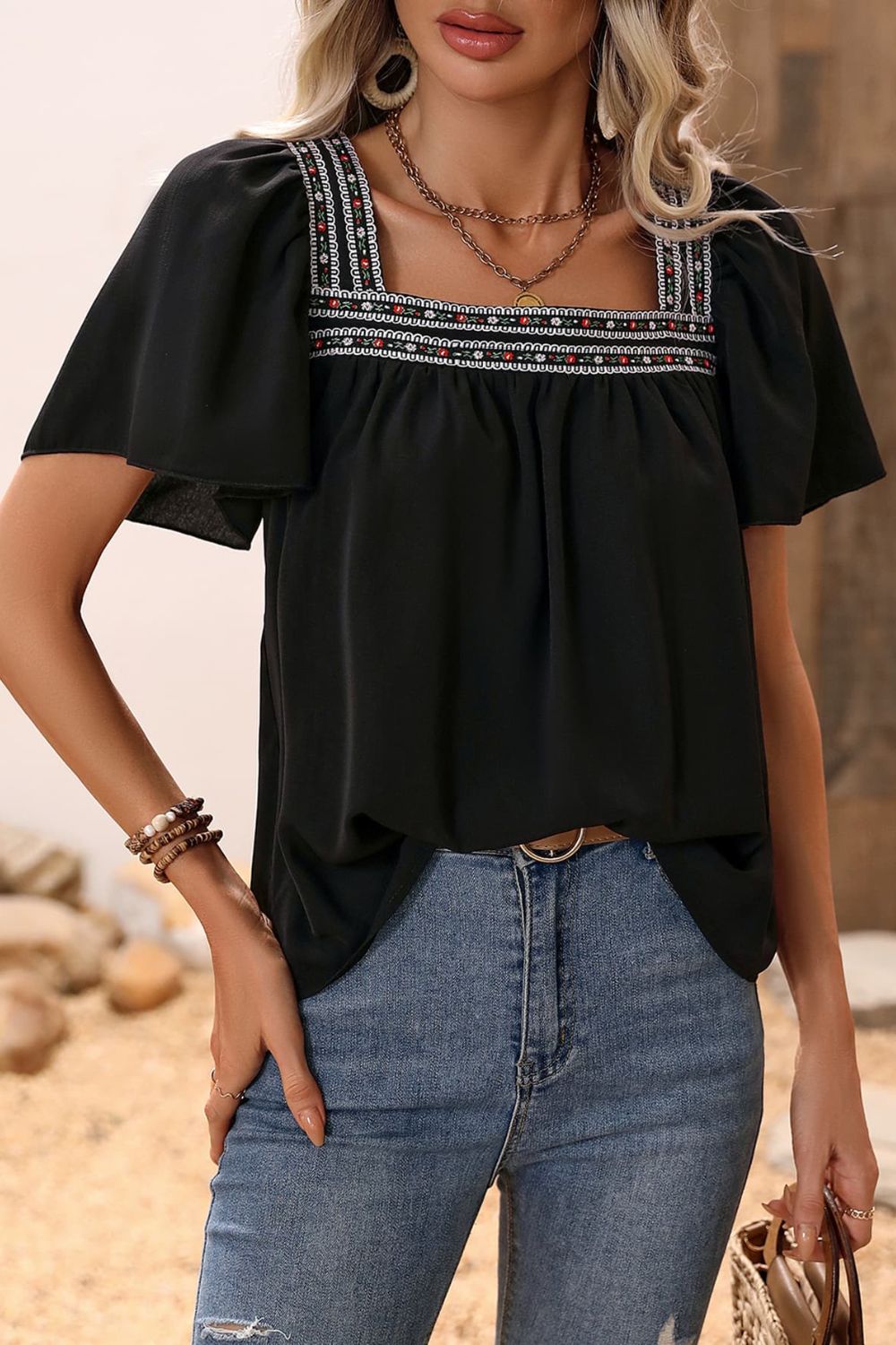 Contrast Square Neck Puff Sleeve Blouse