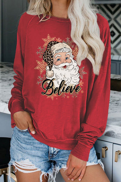 Red Believe Santa Claus Snowflake Print Graphic Sweatshirt