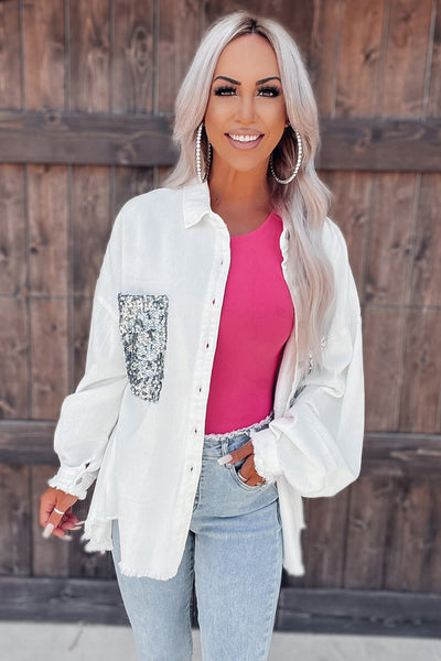 White Sequin Pockets BF Distressed Shirt
