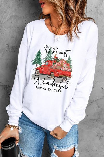 White Christmas Truck Letter Graphic Print Pullover Sweatshirt