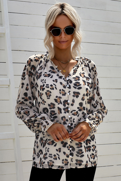 Leopard Print V Neck Lantern Sleeve Buttons Shirt