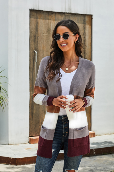 Open Front Colorblock Cardigan With Pockets