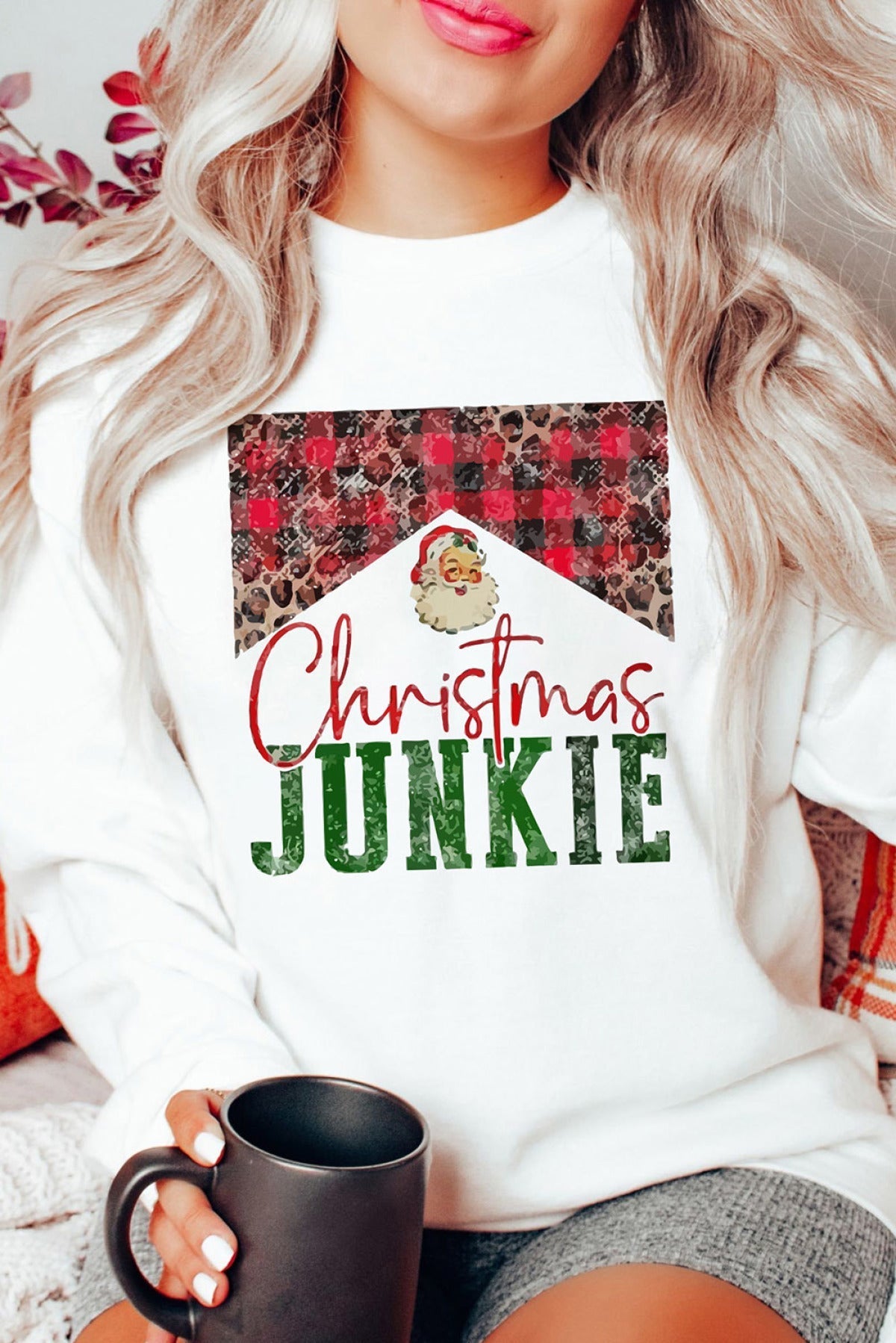 White Christmas JUNKIE Plaid Print Pullover Sweatshirt