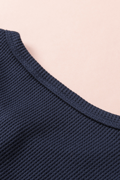 Navy Blue Embroidered Round Neck Waffle Top