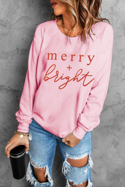 Pink Merry Bright Glitter Pattern Print Crew Neck Sweatshirt