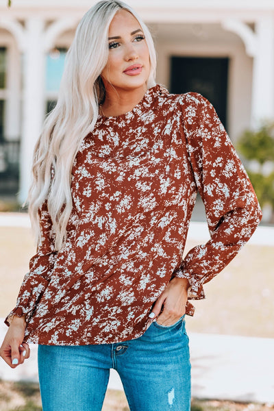 Floral Print Ruffled Crew Neck Long Sleeve Blouse