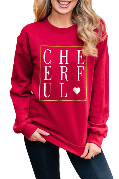 Red CHEERFUL Glitter Graphic Print Pullover Sweatshirt