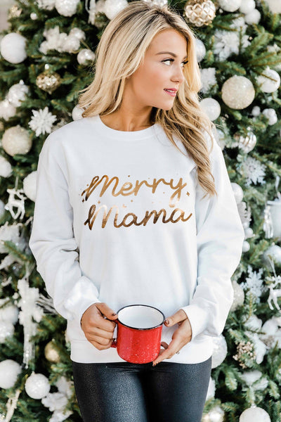 White Merry Mama Glitter Pattern Print Pullover Sweatshirt