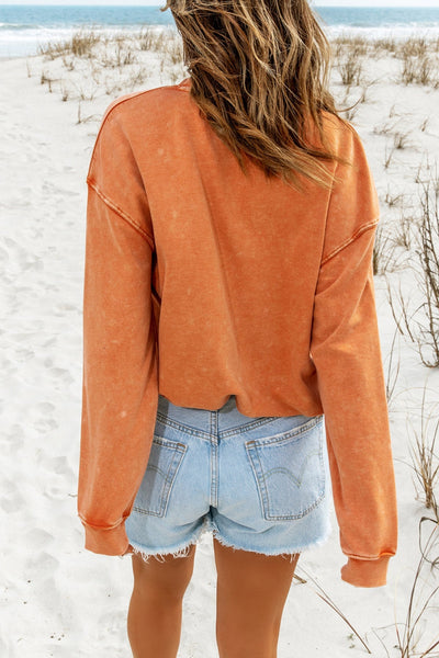 Orange Acid Wash Buttoned Pullover Sweatshirt