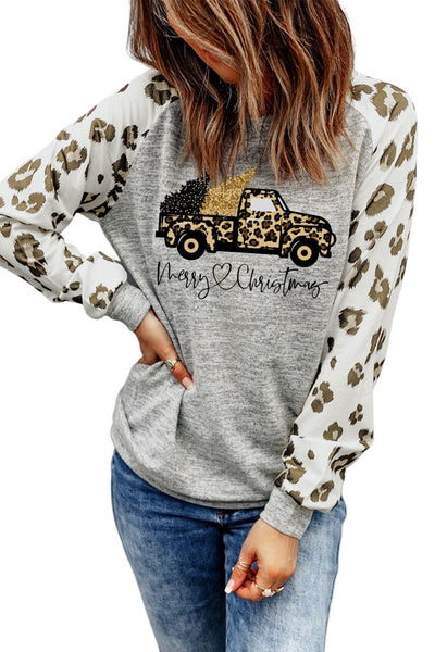 Gray Christmas In Transit Contrast Leopard Sleeve Top