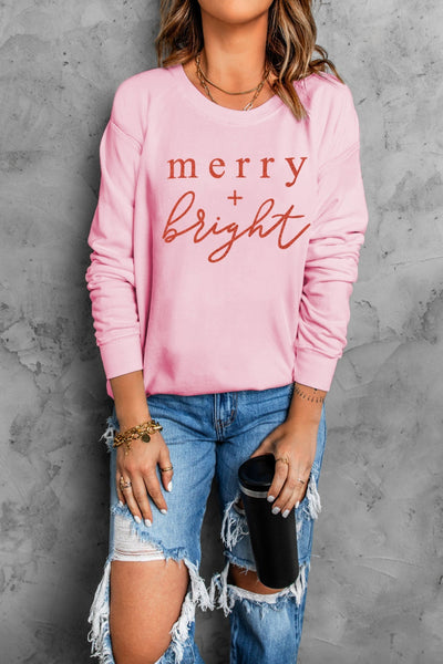 Pink Merry Bright Glitter Pattern Print Crew Neck Sweatshirt