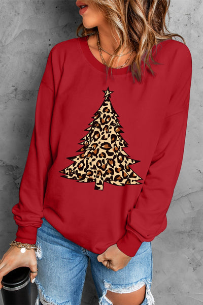 Red Leopard Christmas Tree Graphic Print Crew Neck Sweatshirt