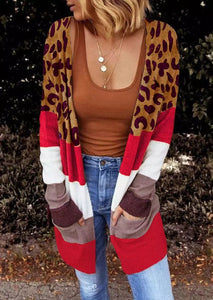 Leopard Color Block Pocketed Long Cardigan