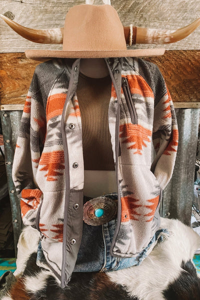 Gray Aztec Fleece Zip Detail Button Front Coat