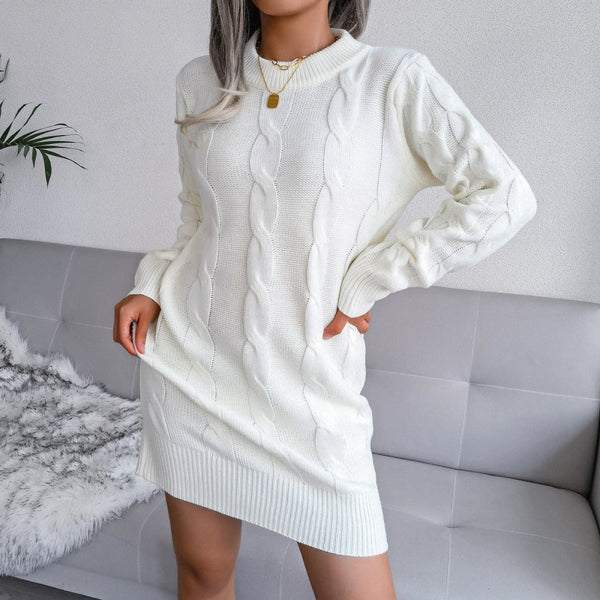 Round Neck Pullover Cable Knitted Mini Dresse
